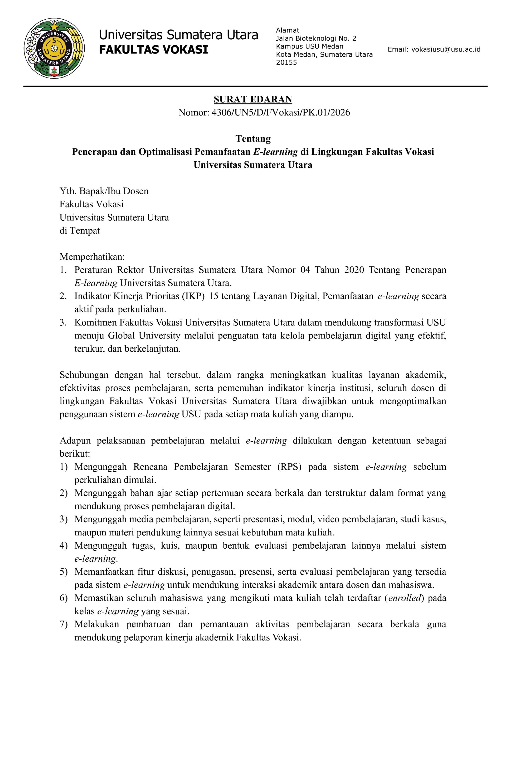 Penerapan dan Optimalisasi Pemanfaatan E-learning di Lingkungan Fakultas Vokasi USU
